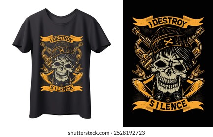 This edgy t-shirt design features a fierce skull with musical instruments and the bold phrase "I Destroy Silence." Perfect for music lovers, rockers, and those who live loud.