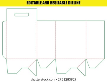 This is an editable and resizable die line design for a customizable tray box, perfect for various packaging needs, featuring an integrated handle cutout.
