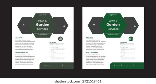 Esta Plantilla de folleto de redes sociales editable mejora la presencia en línea de sus servicios de jardinería. Es perfecto para promocionar el paisajismo, el cuidado del césped y los servicios de diseño al aire libre en varias plataformas. Servicio de césped y jardinería Paquete de Plantilla de redes sociales. Servicios agrícolas y agrícolas Publicación en redes sociales Anuncio.Cortacésped Servicio de jardinería o jardinería Publicación en redes sociales Plantilla 