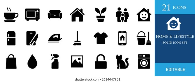This editable solid icon set features 21 minimal home and lifestyle icons. Ideal for apps, presentations, and web design projects. Bold, clean, and perfect for modern visuals.