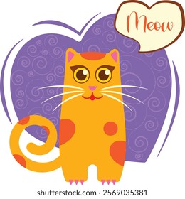 This editable vector art features a cute orange cat with big eyes and a curly tail, set against a purple heart background. The cat playfully says "Meow" in a speech bubble, adding charm.