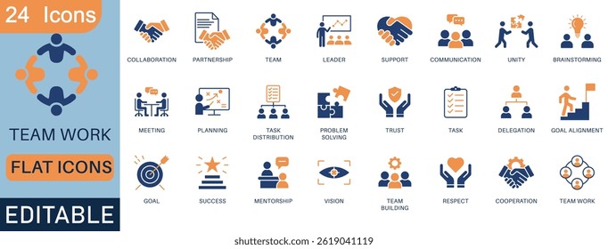 This editable vector icon set features essential teamwork, collaboration, leadership, and business communication concepts. Perfect for enhancing business presentations, websites, and digital designs