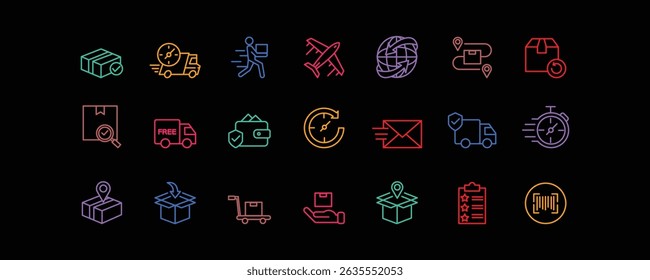 This editable-stroke icon set features minimal, clean line illustrations for shipping, logistics, and order fulfillment. Includes icons for tracking, packaging, courier, and transport systems