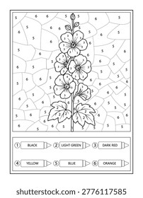This educational and fun color-by-number worksheet features a beautiful hollyhock flower design, perfect for children and students. The activity helps kids develop fine motor skills, number recognition, and color coordination while enjoying a creative art project. The printable page includes a clear color key with six distinct shades: black, light green, dark red, yellow, blue, and orange. Ideal for classroom activities, homeschooling, or quiet time at home, this floral-themed coloring page offers an engaging way to explore nature through art.