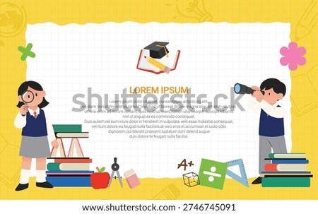This is an educational template design that shows students observing and studying.