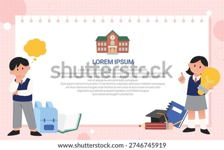 This is an educational template design that shows students being curious and coming up with ideas.