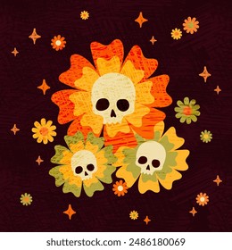 This eerie design features flowers with skull centers in orange, yellow, and green hues on a dark background. The spooky yet artistic vector is ideal for Halloween or gothic-inspired projects.