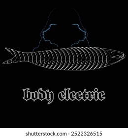  This eerie fish skeleton design crackles with electric energy, combining a dark, creepy vibe. The skeletal fish is intricately detailed, appearing as if it's charged with electricity.