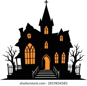 This eerie vector graphic depicts a grand gothic haunted house silhouette complete with a dramatic central spire, cross topper, entry staircase, and warm, glowing orange windows. Flanked by gnarled bare trees and a wrought-iron fence, this detailed illustration captures the quintessential mysterious Halloween vibe. It is perfect for party invitations, event posters, vinyl decals, t-shirt prints, digital scrapbooking, and seasonal marketing graphics.