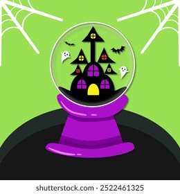 This eerie yet playful artwork depicts a spooky haunted house enclosed within a crystal snow globe. The house, with its sharp towers and glowing windows