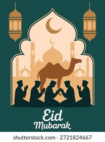 Esta ilustración de Eid Mubarak muestra un sereno escenario de oración, un majestuoso camello y Elementos simbólicos, encarnando el espíritu de la fiesta islámica.
