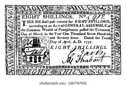 This is the Eight Shillings Bill New York currency from 1777. This is the portrait of the Frame, arms and value printed in red in the upper part of the bill, vintage line drawing or engraving svg