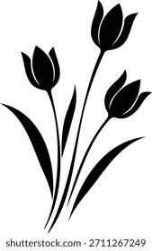 Esta elegante silueta negra muestra un trío de tulipanes, con sus características flores en forma de copa, subgrupos delgados y hojas puntiagudas. Ideal para temas de primavera, tarjetas de felicitación o arte decorativo