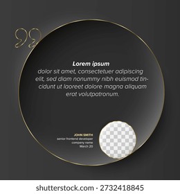 Este elegante diseño testimonial negro presenta un marco circular con detalles dorados. Usa este diseño de testimonios profesionales para mostrar reseñas de Clientes con un elegante borde dorado.