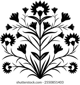 This elegant black vector design features a classic Mughal flower motif, inspired by traditional Indian floral art. Perfect for block print patterns, embroidery designs. Indian motif vector, Mughal.