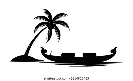 This elegant black vector silhouette shows a tranquil tropical island scene with a gracefully leaning palm tree on a small sandy shore beside a traditional South Indian houseboat floating peacefully on calm waters. This serene image symbolizes exoti.