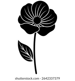 This elegant black and white flower illustration showcases a delicate blossom and leaf in a graphic, artistic style.