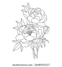 This elegant black and white line art illustration showcases a beautiful bouquet of peonies in full bloom, accompanied by buds and detailed leaves