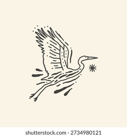 This elegant black and white line art illustration captures a graceful heron or crane in flight, featuring minimalist details and a serene, organic aesthetic on a light background.