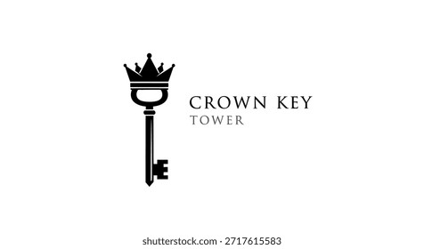 Este é um logotipo elegante preto e branco com uma chave coberta por uma coroa, sugerindo conceitos como segurança, acesso, poder e realeza. Adequado para empresas que desejam um ambiente moderno e sofisticado