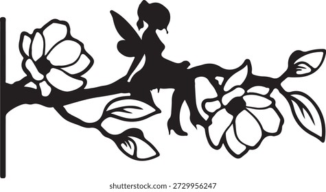 Esta elegante silueta en blanco y negro presenta un hada esbelta con delicadas alas, posada elegantemente en una rama de árbol en flor. El hada está representada de perfil, su cabello peinado en un recogido, y lleva tacones altos, agregando un toque de encanto caprichoso. La rama robusta se extiende horizontalmente, adornada con varios bordes prominentes