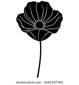 This elegant black and white vector illustration features a striking silhouette of a single poppy flower. 