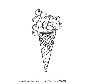 This elegant black-and-white illustration features a luscious swirl of ice cream topped with plump blueberries, all resting in a finely detailed waffle cone.