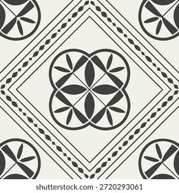 This elegant black-and-white seamless pattern features a sophisticated geometric floral design with strong symmetry and traditional tile-inspired motifs.
Key elements include:

A central diamond-shaped frame enclosing a stylized four-lobed floral motif (quatrefoil-like with leaf shapes)
Repeating diamond grid layout with small leaf accents in each corner
Delicate dotted borders and fine geometric lines framing each unit
Clean, high-contrast monochrome palette (pure black on white) for timeless versatility