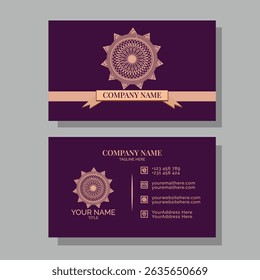 This elegant business card template features a luxurious Islamic mandala design with a deep purple background and golden accents. Ideal for professionals and corporate branding.