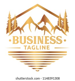This elegant business logo features a stylized mountain landscape combined with pine trees, enclosed within a geometric roof-like frame, rendered in a luxurious gold gradient finish. The mountain peaks symbolize strength, stability, ambition, and long-term vision, while the surrounding trees represent nature, growth, resilience, and sustainability. The overall composition conveys trust, reliability, and premium quality, making it ideal for modern and professional branding.