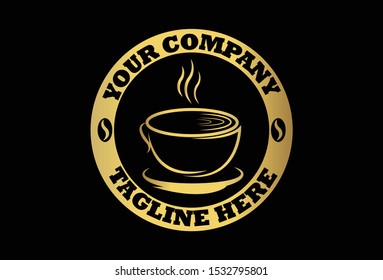 This is an elegant coffee cup kebab logo with three smoke lines. This logo is gold. This logo can be used for companies, websites, brochures, and posters.