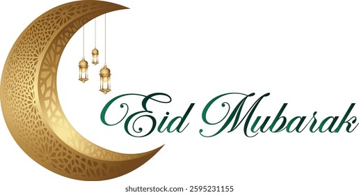 This elegant design features a golden, intricately patterned crescent moon with hanging lanterns, symbolizing Eid, alongside the calligraphic "Eid Mubarak" in a flowing, green script, creating a visua