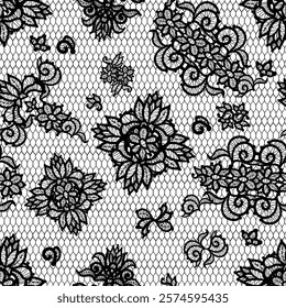 This elegant design features a mesmerizing black lace seamless pattern with delicate details. Floral sheer fabric