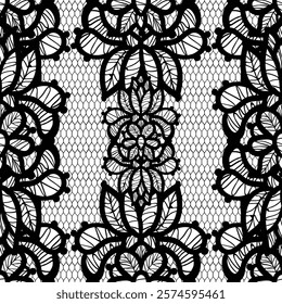 This elegant design features a mesmerizing black lace seamless pattern with delicate details. Floral sheer fabric