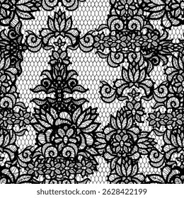 This elegant design features a mesmerizing black lace seamless pattern with delicate details. Floral sheer fabric