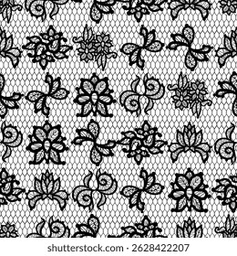 This elegant design features a mesmerizing black lace seamless pattern with delicate details. Floral sheer fabric