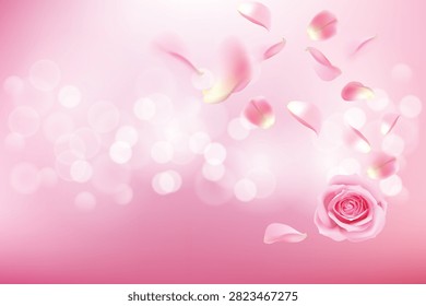 This elegant and dreamlike vector backdrop features a fully bloomed pink rose surrounded by a swirling cascade of falling flower petals. The design seamlessly blends soft pastel pink gradients with a beautiful glowing bokeh circle pattern that creates a romantic, blurry depth-of-field effect. This gentle floral composition is highly suitable for designing Valentine's Day greeting cards, luxury wedding stationery, cosmetic packaging templates, feminine perfume advertisements, and beauty blog header banners.#PinkRoseBackground #FallingPetals #RomanticFloral #BokehLights #ValentineDesign #WeddingBackdrop #CosmeticBackground #PastelAesthetic