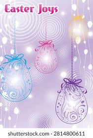 This Elegant Easter Joys background vector illustration features a soft lavender backdrop decorated with beautifully patterned hanging Easter eggs in blue, pink, and yellow colors. The design includes stylish decorative typography reading “Easter Joys” in the upper left corner, creating a festive and elegant holiday greeting composition. This artwork represents Eastertide celebration, spring holidays, seasonal greetings, religious occasions, family gatherings, and cheerful festive decorations.

The illustration combines traditional Eastertide symbols with modern decorative design elements. The hanging ornamental eggs represent renewal, celebration, and the joy of the Eastertide season, while the pastel color palette creates a peaceful and elegant atmosphere suitable for greeting cards, invitations, posters, social media graphics, and seasonal marketing materials.

Paschal egg are one of the most recognizable symbols of Eastertide celebrations around the world. They represent new beginnings, hope, and the arrival of spring. The intricate patterns and colorful decorations in this artwork add a handcrafted and artistic feeling, making the design suitable for both personal and commercial holiday projects.

The lavender background provides a soft and sophisticated foundation for the colorful paschal eggs. Lavender is often associated with calmness, beauty, creativity, and springtime freshness. Combined with pastel blue, pink, and yellow eggs, the design creates a harmonious and attractive seasonal composition.

The phrase “Easter Joys” adds a warm and welcoming message, making the illustration ideal for holiday greetings and celebrations. The elegant lettering enhances the festive feeling while maintaining a modern decorative style.

This vector artwork represents many important Eastertime and seasonal themes, including:

Eastertime celebration
Eastertime greeting card
Spring Festival
Decorative Eastertime egg
Festival background
Festive invitation
Family celebration