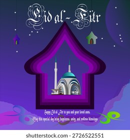 Esta elegante ilustración de saludo de Eid al-Fitr presenta una majestuosa mezquita, caligrafía árabe y arcos decorativos. Perfecto para tarjetas de vacaciones islámicas, carteles, redes sociales y diseños festivos.