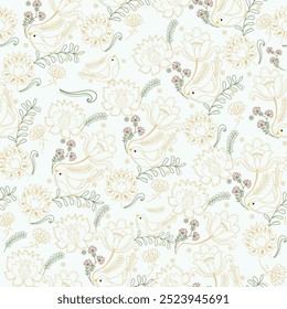 This elegant floral and bird pattern showcases a hand-drawn aesthetic in soft pastel colors. The intricate design includes botanical motifs and bird elements, creating a versatile option for wallpaper