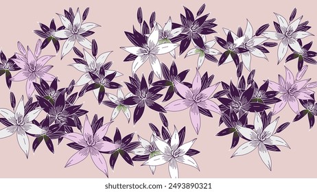This elegant floral pattern features an array of beautifully detailed flowers in shades of deep purple, lavender, and white, set against a soft pastel pink background. 