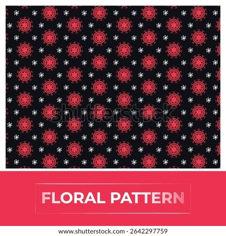 This elegant floral pattern features a seamless arrangement of bold red flower motifs paired with delicate white blossoms, all set against a deep black background.