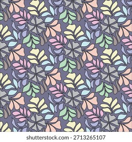 Dieses elegante florale nahtlose Muster verfügt über zarte bunte Blumen und verstreute Blattelemente, die eine weiche und stilvolle dekorative Oberfläche schaffen.
