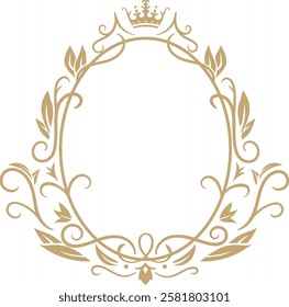 This elegant gold floral oval frame features a crown embellishment, creating a regal and sophisticated design perfect for invitations, logos, or any project needing a touch of royal elegance