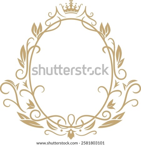 This elegant gold floral oval frame features a crown embellishment, creating a regal and sophisticated design perfect for invitations, logos, or any project needing a touch of royal elegance