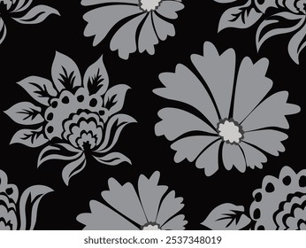 
This elegant gray floral pattern on a black background blends modern and traditional elements with intricate details, offering bold contrast and timeless sophistication for textiles, wallpapers, and 