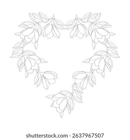 This elegant heart-shaped wreath features delicately hand-drawn Magnolia flowers and leaves in a refined black and white line art style. magnolia wreath, magnolia flower heart, magnolia illustration, 