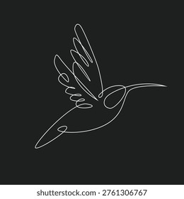 This elegant illustration features a graceful hummingbird in flight, rendered with a single, continuous white line against a stark black background. The minimalist aesthetic and modern design are ideal for branding, logos, tattoo designs, or contemporary decor.