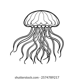 This elegant jellyfish vector illustration showcases intricate tentacle details, perfect for marine-themed designs, digital art, and creative projects. Fully editable and high-quality.