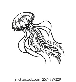 This elegant jellyfish vector illustration showcases intricate tentacle details, perfect for marine-themed designs, digital art, and creative projects. Fully editable and high-quality.